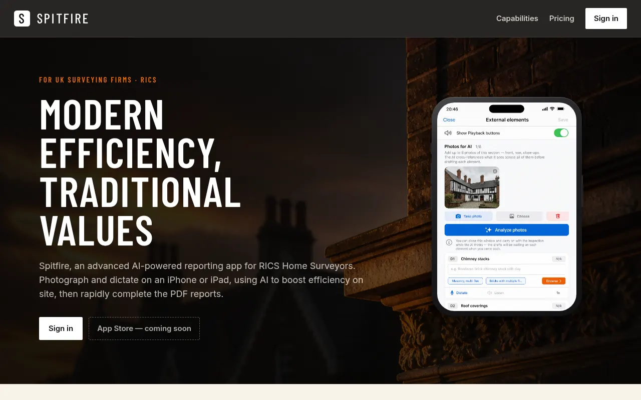 The Spitfire website home page, headed Modern efficiency, traditional values, with a phone showing the app's external elements screen.
