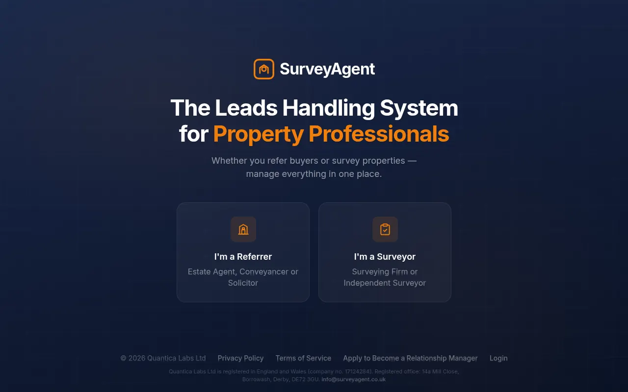 The SurveyAgent website home page, headed The Leads Handling System for Property Professionals, with options for referrers and surveyors.